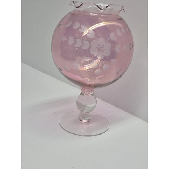 MCM Mid Century CRANBERRY Flashed FLORAL & FERN Etched Glass IVY BALL VASE Globe - Picture 3 of 6